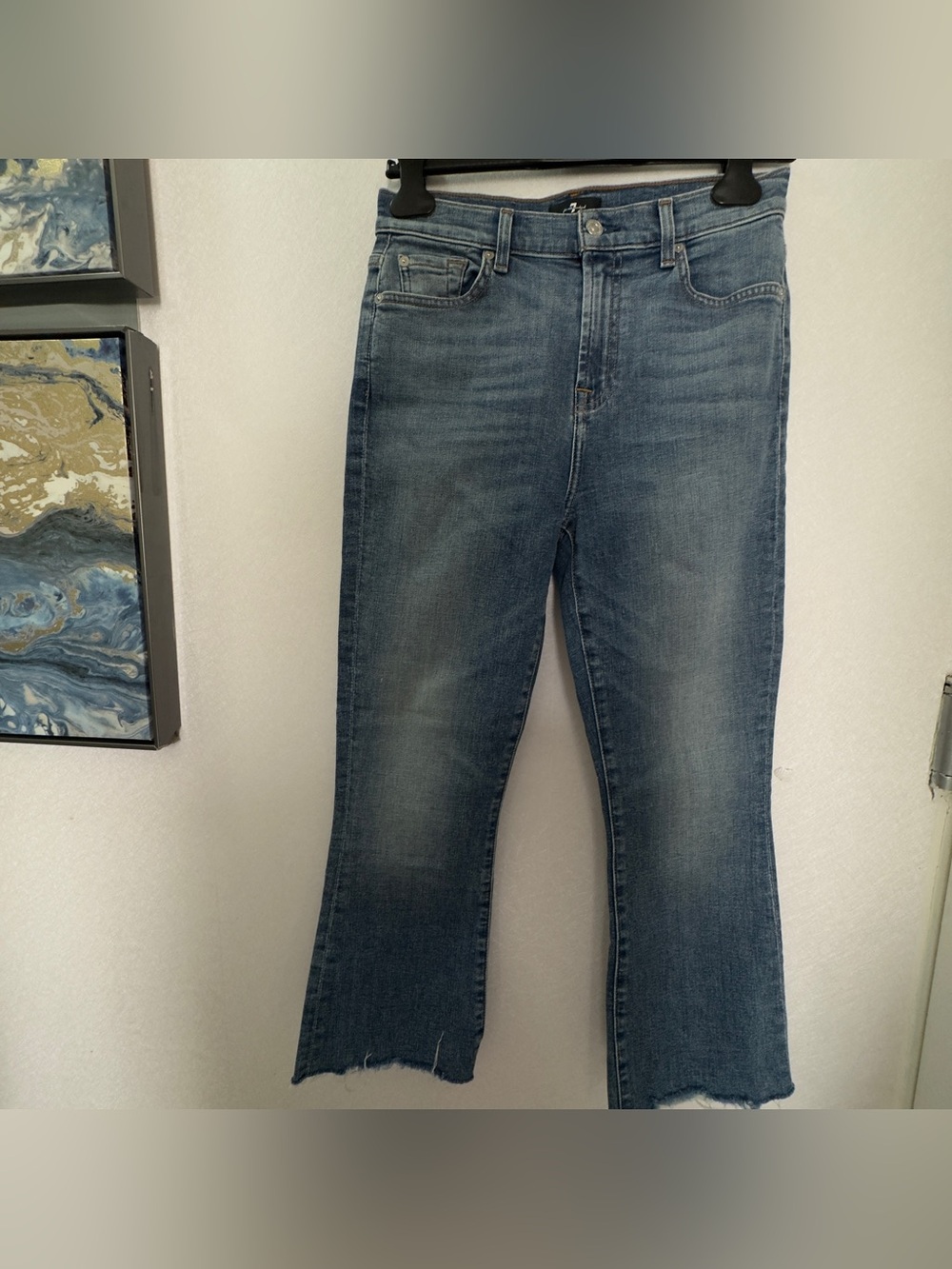 7 For All Mankind High Waist Slim Kick Jeans Raw Hem Size28 Cropped Flare Denim